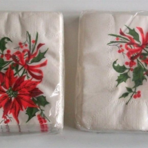 VINTAGE NAPKINS CHRISTMAS Poinsettia Lot Of 2 Seal - Picture 2 of 3